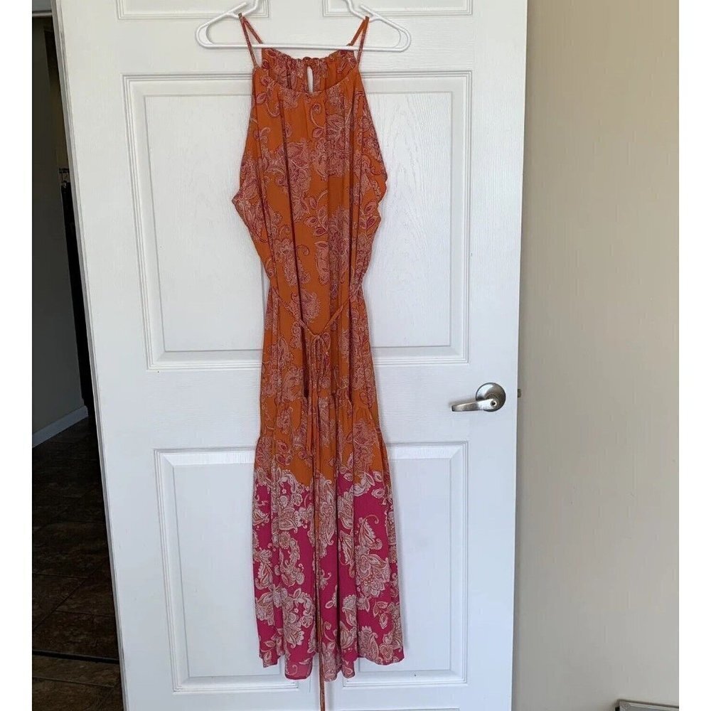 Maison Tara Women's 22W Orange Pink Sleeveless Paisley Halter Neck Dress NWT